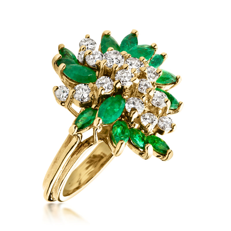 Vintage emerald and diamond cluster ring in 18k yellow gold, angled profile