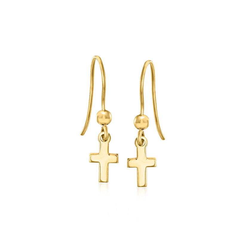 Petite 10kt yellow gold cross drop earrings with earwire hooks