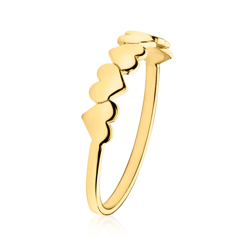 10kt yellow gold heart ring, curved band with alternating raised heart shapes