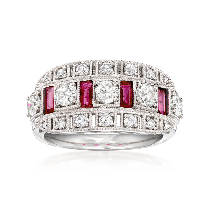 Platinum vintage diamond ring with rectangular red ruby accents across the top