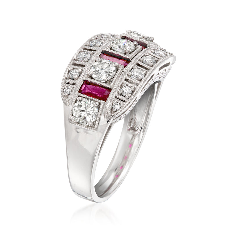 Platinum vintage ring with diamond clusters and red rectangular rubies, angled view