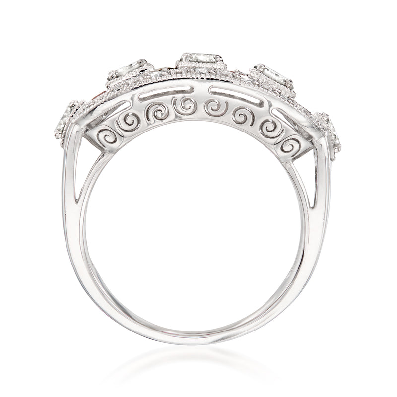 Platinum diamond and ruby ring, openwork gallery with engraved interior band