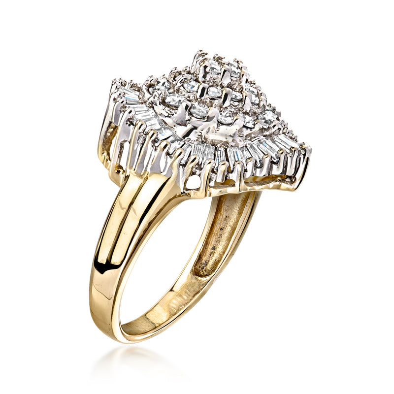 Heart diamond ring with baguette-style settings on 14kt yellow gold band