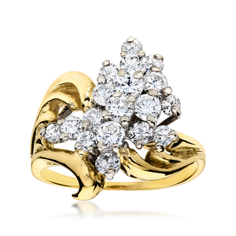 Yellow gold diamond cluster ring with multiple round stones and raised center