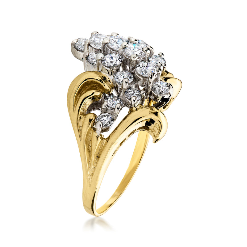 Yellow gold diamond cluster ring with high-set round stones and curved shoulders