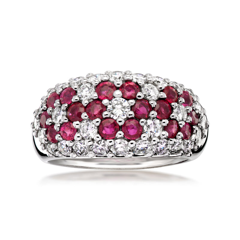 Platinum ruby and diamond floral cluster ring with oval center