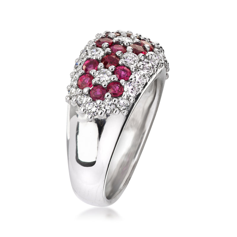 Platinum ruby and diamond floral cluster ring, side view