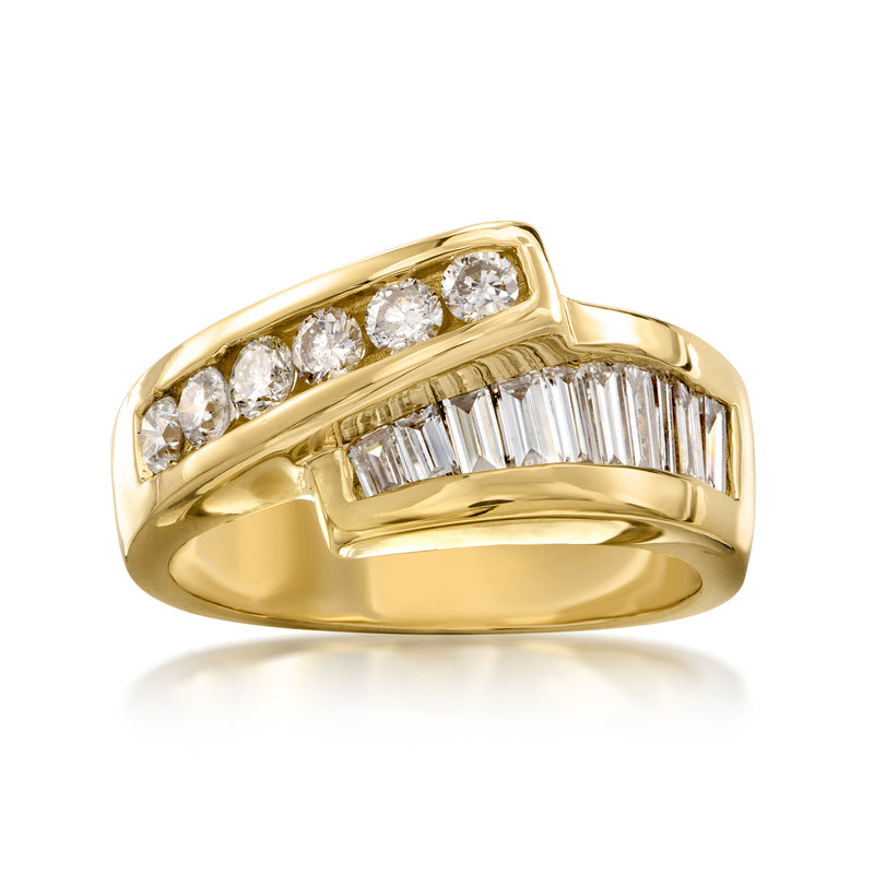 Yellow gold bypass ring with three round diamonds on top and baguette diamond row