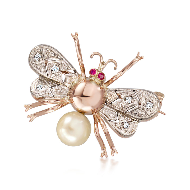 Bumblebee pin with cultured pearl, diamonds, rubies, and rose gold wings