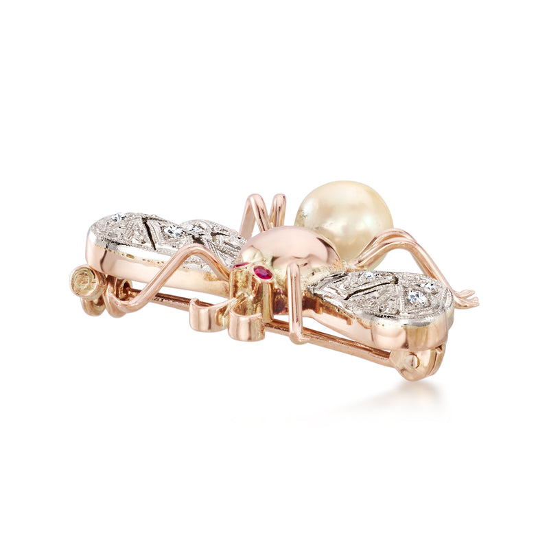 Bumblebee pin with cultured pearl, diamonds, rubies, and rose gold details