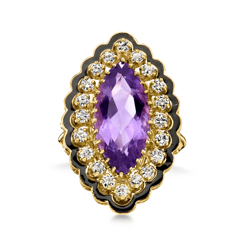 Vintage amethyst ring in yellow gold with oval purple gemstone, diamond halo, black enamel