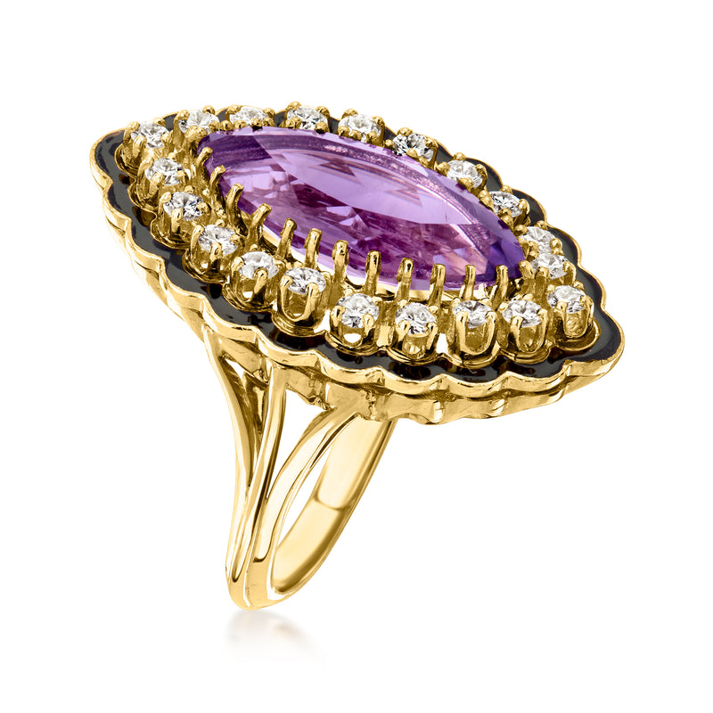 Yellow gold vintage amethyst ring with oval purple gemstone, diamond halo, black enamel border
