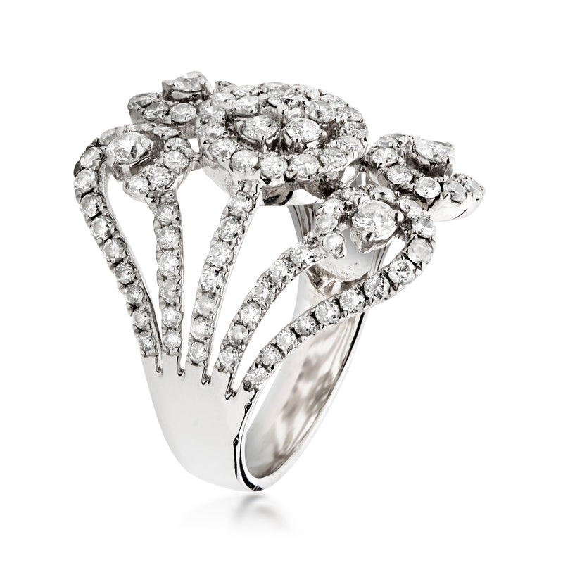 18kt white gold openwork diamond ring, round and marquise stones, side view