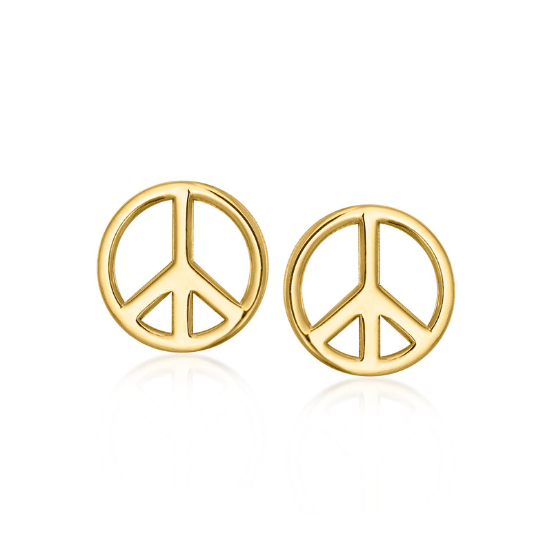10kt yellow gold peace sign stud earrings, round coin with peace symbol