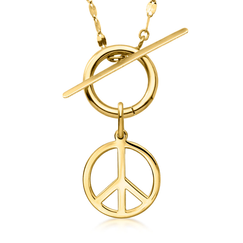 Yellow gold peace sign charm on chain with connecting clasp ring
