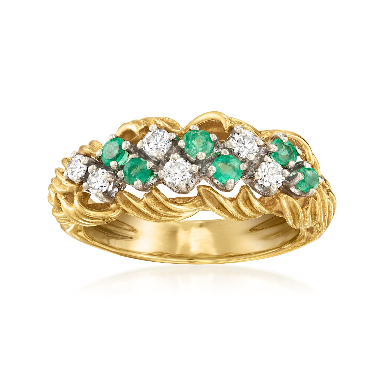 C 1980 Vintage 40 ct tw Diamond and 36 ct tw Emerald Twisted Ring in 18kt Yellow Gold