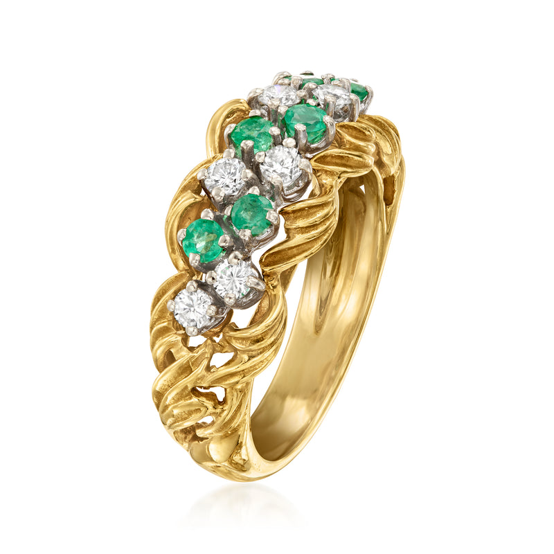 Twisted 18kt yellow gold ring with green emerald clusters and round diamonds, side view