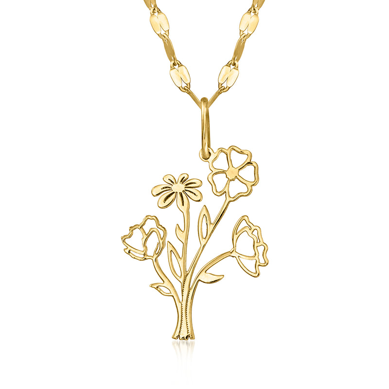 Yellow gold flower bouquet charm pendant on necklace chain, centered floral bouquet