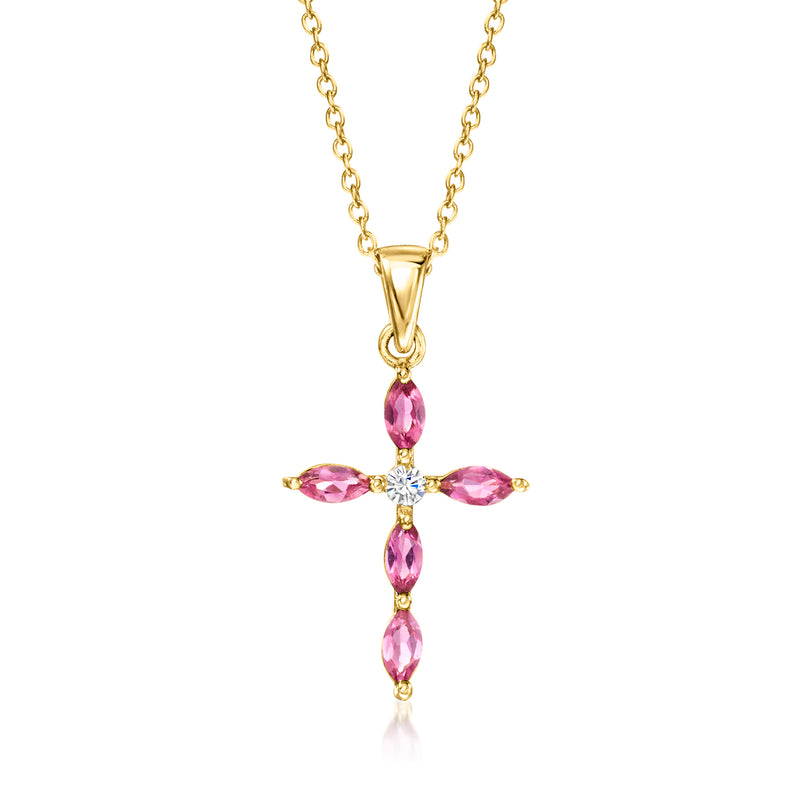 Gold cross pendant necklace with pink tourmaline stones and white zircon accents