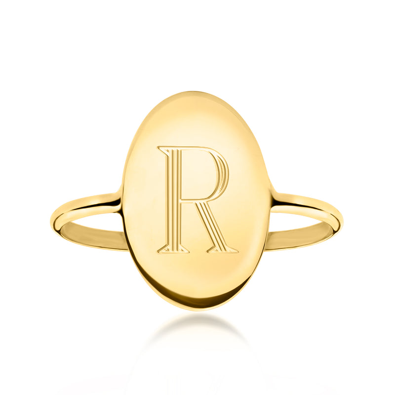 10kt yellow gold oval monogram ring with engraved letter R