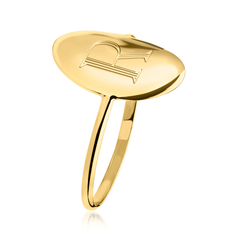 10kt yellow gold oval monogram ring, angled view of engraved monogram