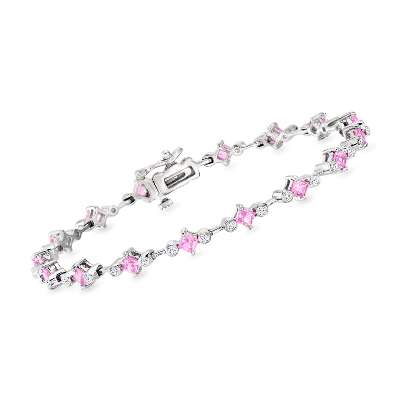 14kt white gold bracelet with pink sapphire and diamond station links, clasp