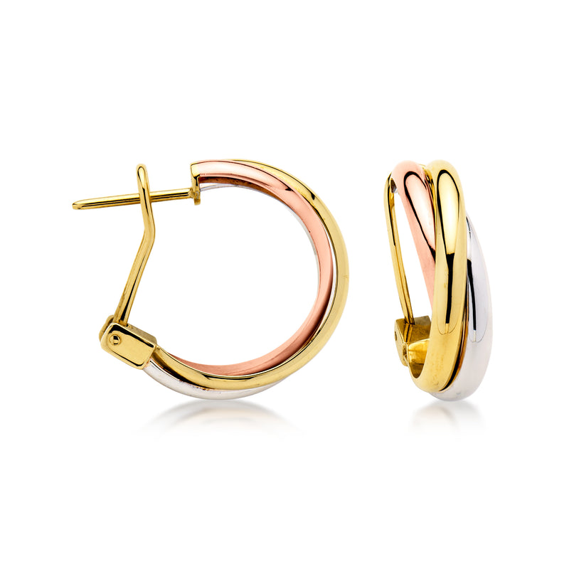 Tri-colored gold curved hoop earrings, hinged clip/post back