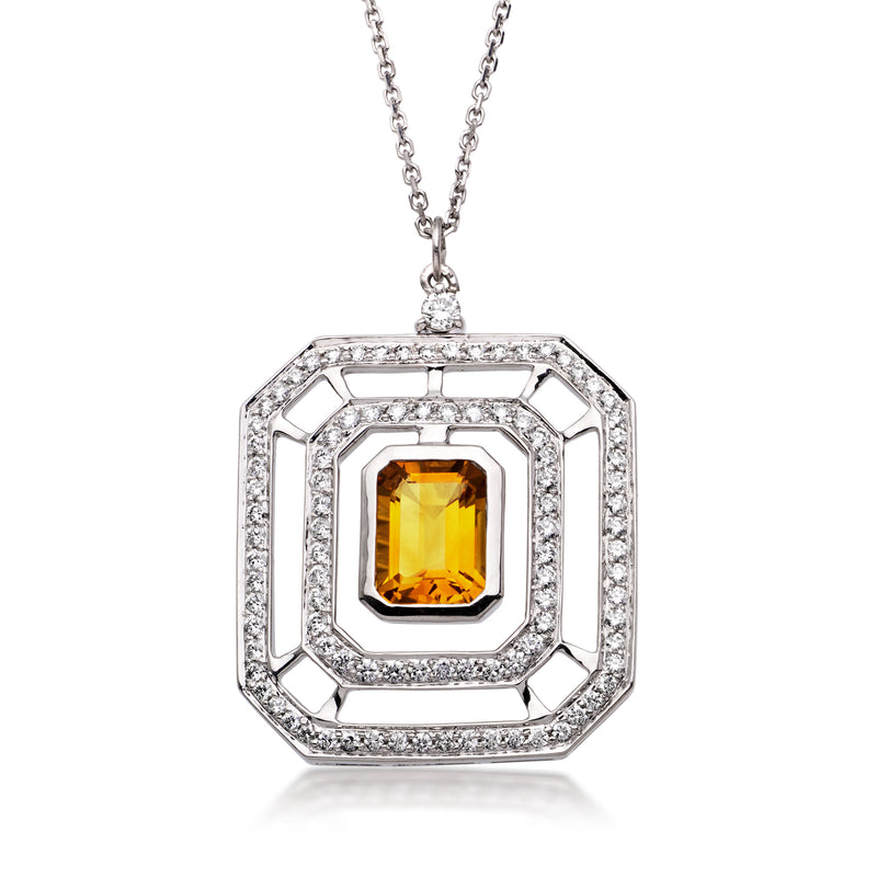 18kt white gold citrine center openwork pendant with diamond accents on chain