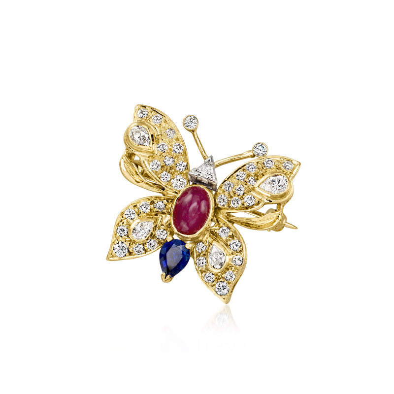 Vintage butterfly pin, 14kt yellow gold with ruby center, sapphire accents, diamond sparkle