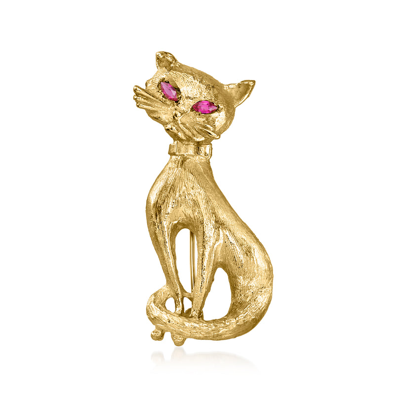 14kt yellow gold cat pin with pink ruby cabochon eyes