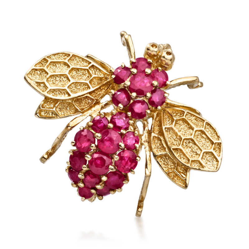 Ruby bee pin in 14kt yellow gold with faceted gemstone cluster and textured wings