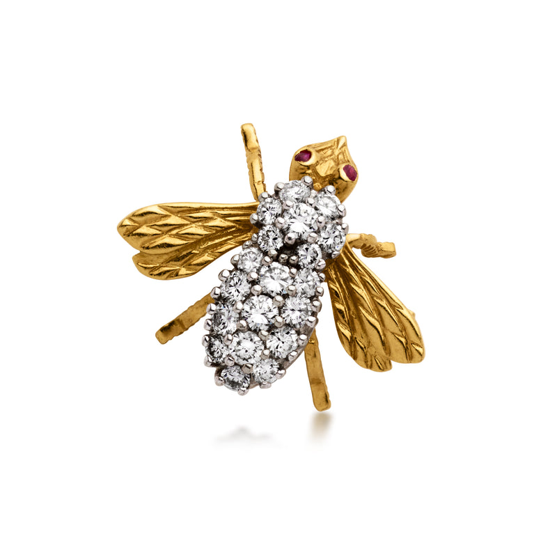 Yellow gold diamond bee pin with ruby accents, detailed round stone cluster