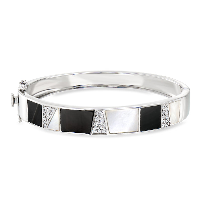 Sterling silver bangle with black onyx and white mother-of-pearl panels