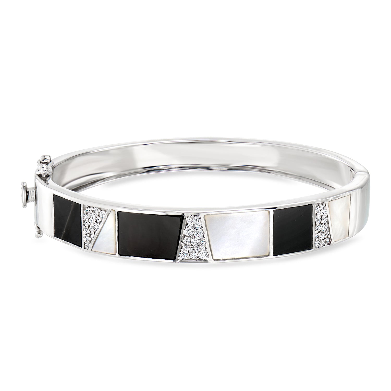Onyx, Mother-of-Pearl and 1.00 ct. t.w. White Topaz Bangle Bracelet in Sterling Silver