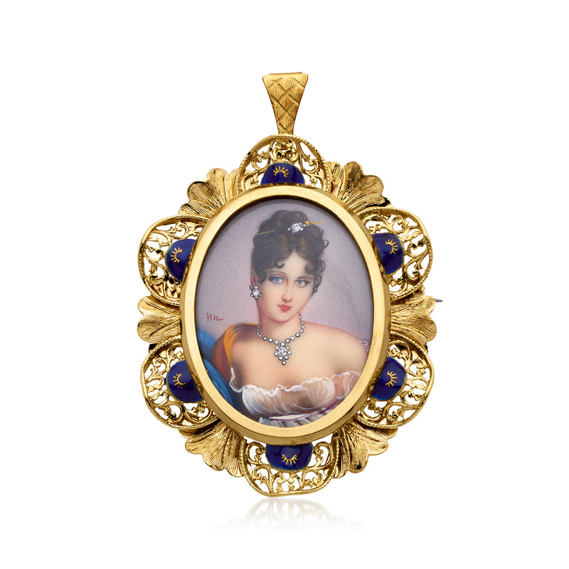 Oval portrait pendant pin in 18kt yellow gold with ornate filigree and blue enamel bezel