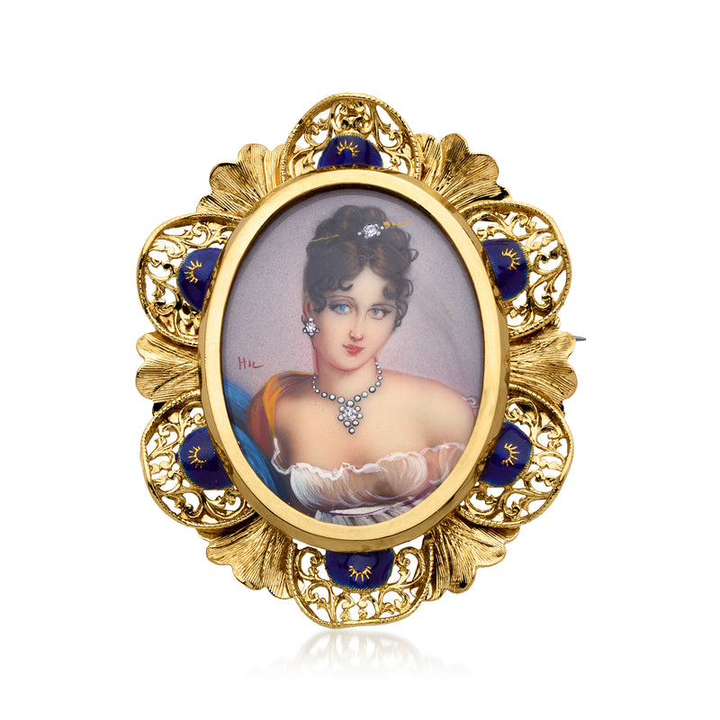 Oval portrait pendant in 18kt yellow gold with ornate filigree and blue enamel borders