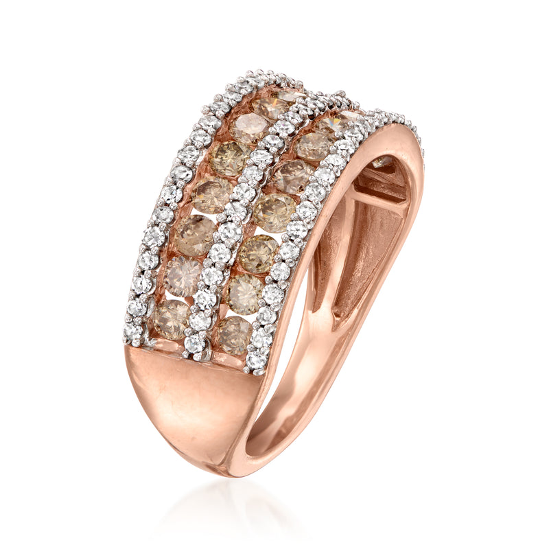Rose gold diamond ring with brown center stones and white diamond halo rows