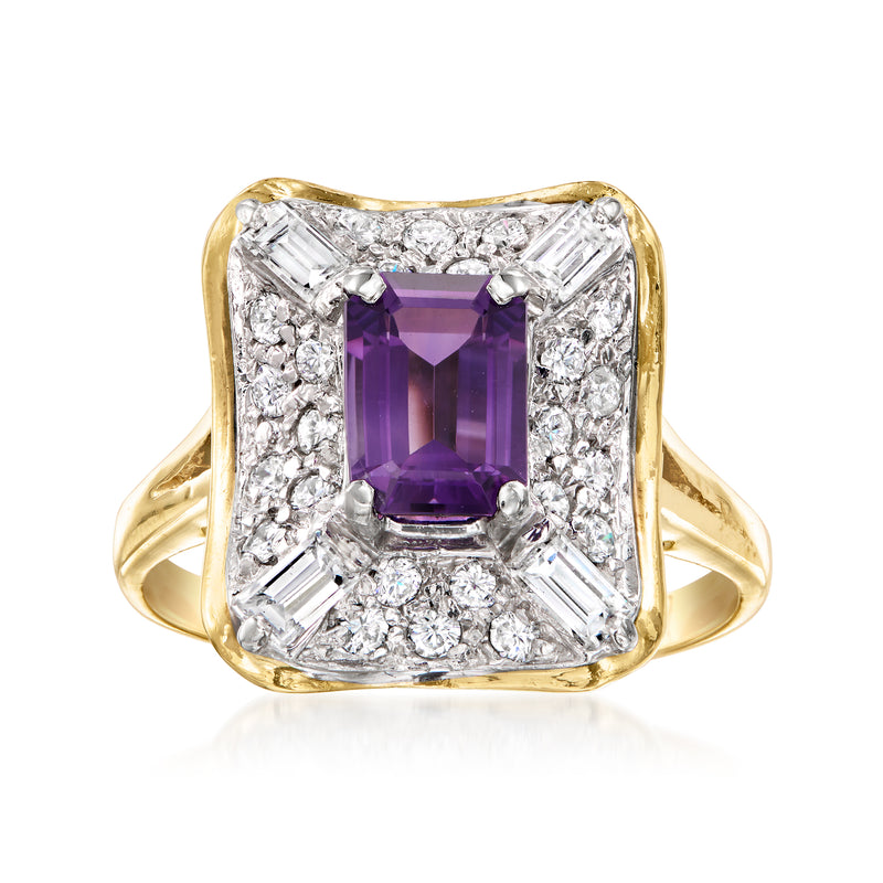 14kt yellow gold amethyst ring with purple center and diamond halo