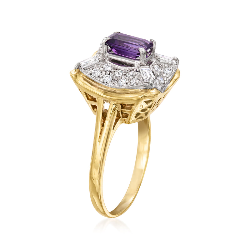 Amethyst diamond ring with purple rectangular center and yellow gold prong setting
