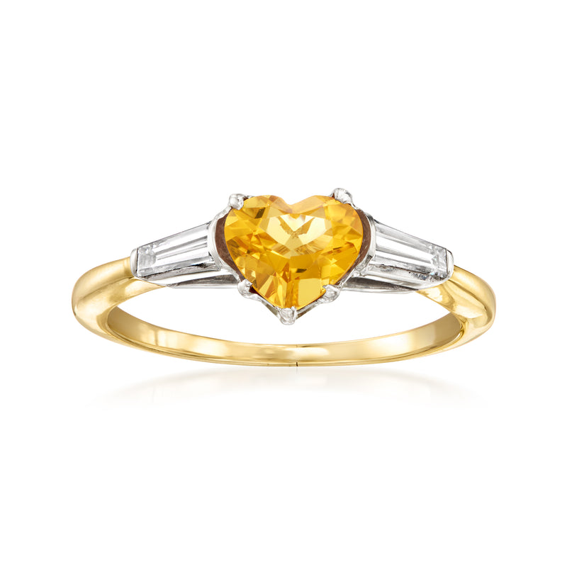 Heart citrine gemstone ring, 14kt yellow gold with baguette diamond accents