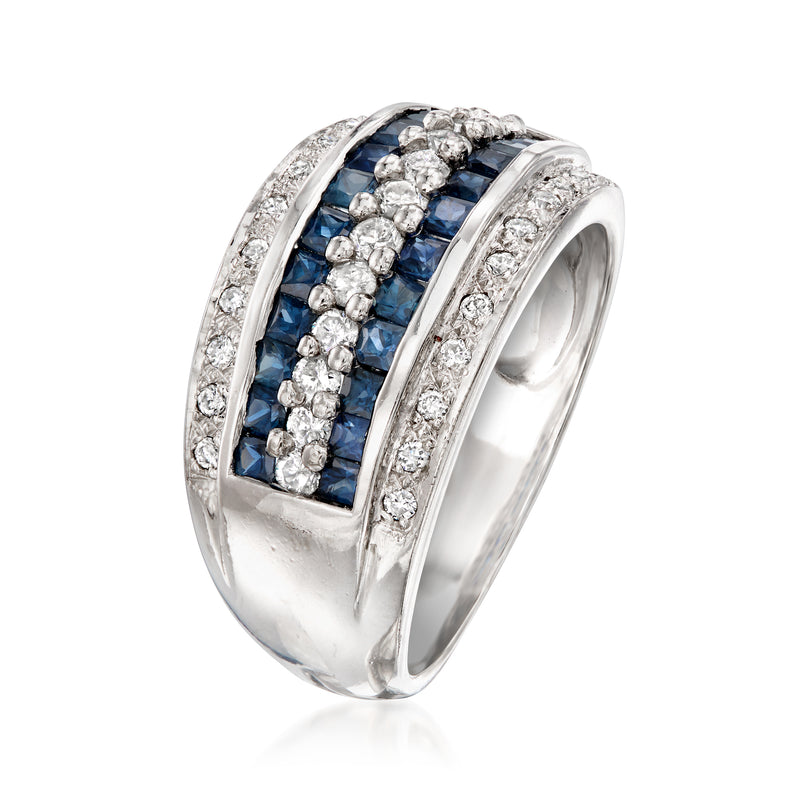Vintage 14kt white gold multi-row ring with blue sapphires and diamonds