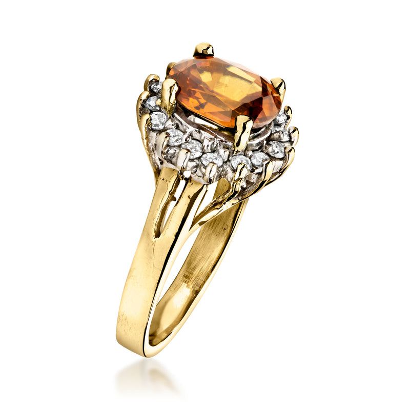 Side view vintage oval orange zircon halo diamond ring in 14kt yellow gold