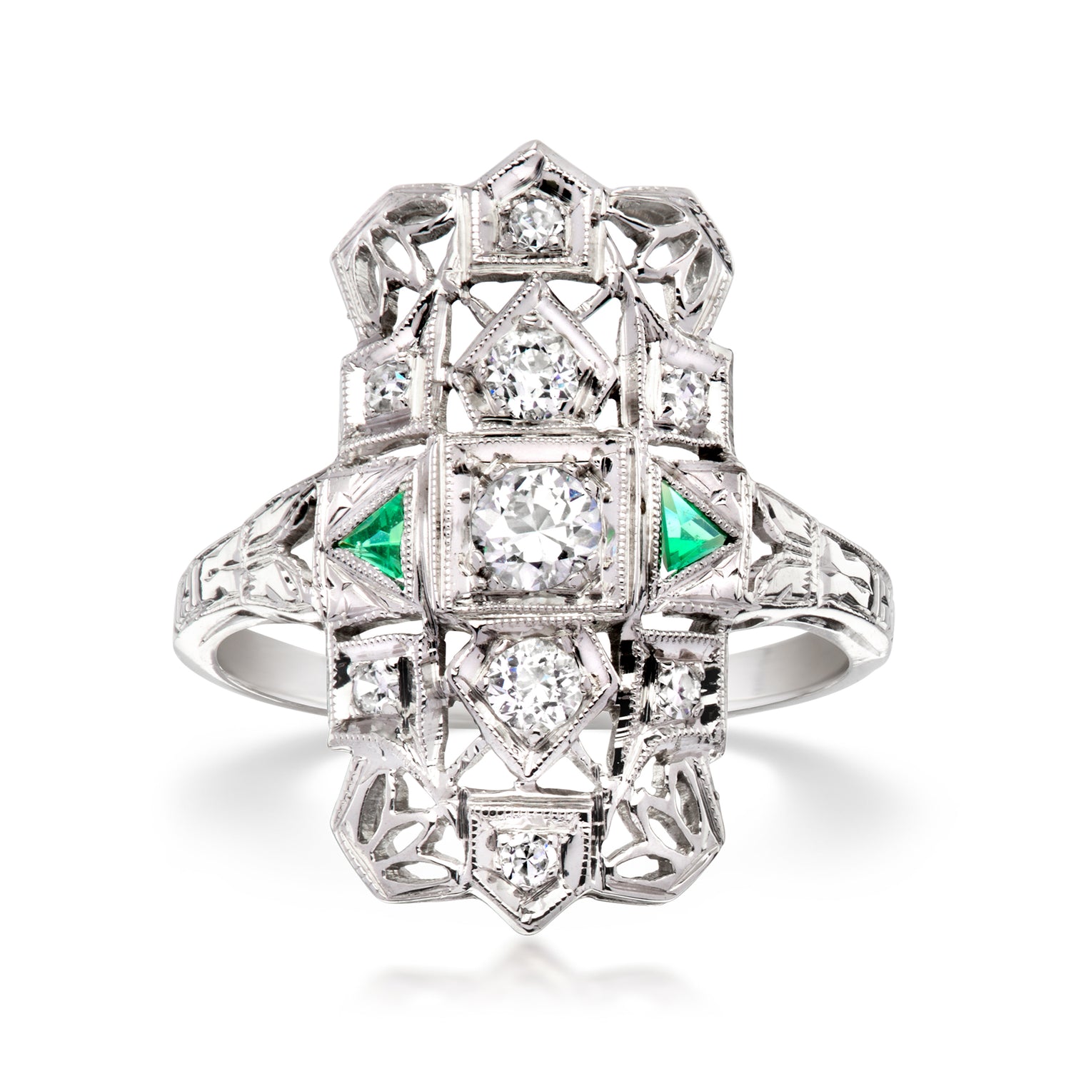 C. 1930 Vintage .36 ct. t.w. Diamond Ring with Synthetic Emeralds in 18kt White Gold
