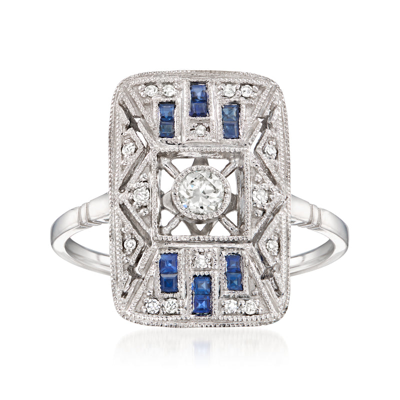 Vintage platinum diamond ring with sapphire side squares and octagon filigree setting