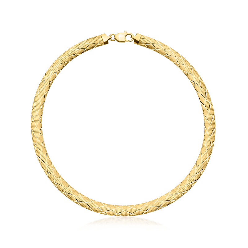 Yellow gold-plated omega necklace with hinged clasp, flat rope-link style