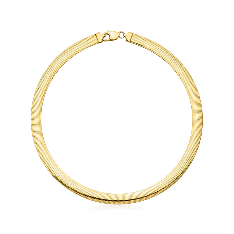 Yellow gold-plated omega necklace with textured snake-chain links and spring-ring clasp