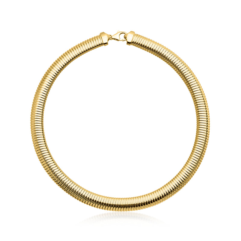 Yellow gold-plated omega-style necklace with ribbed coil links, round choker shape
