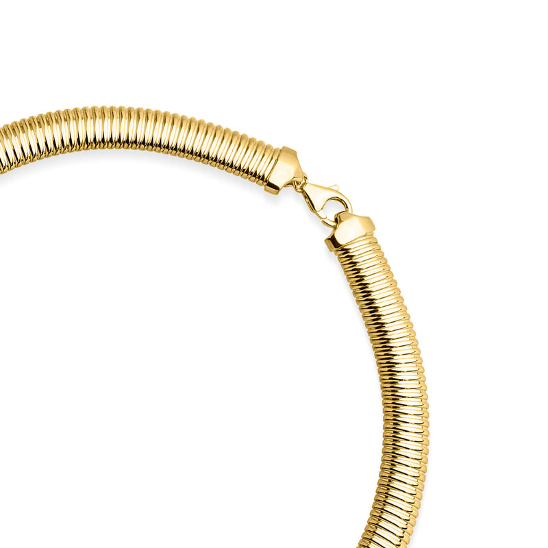 Yellow gold-plated ribbed omega necklace clasp and chain links, curved coil style