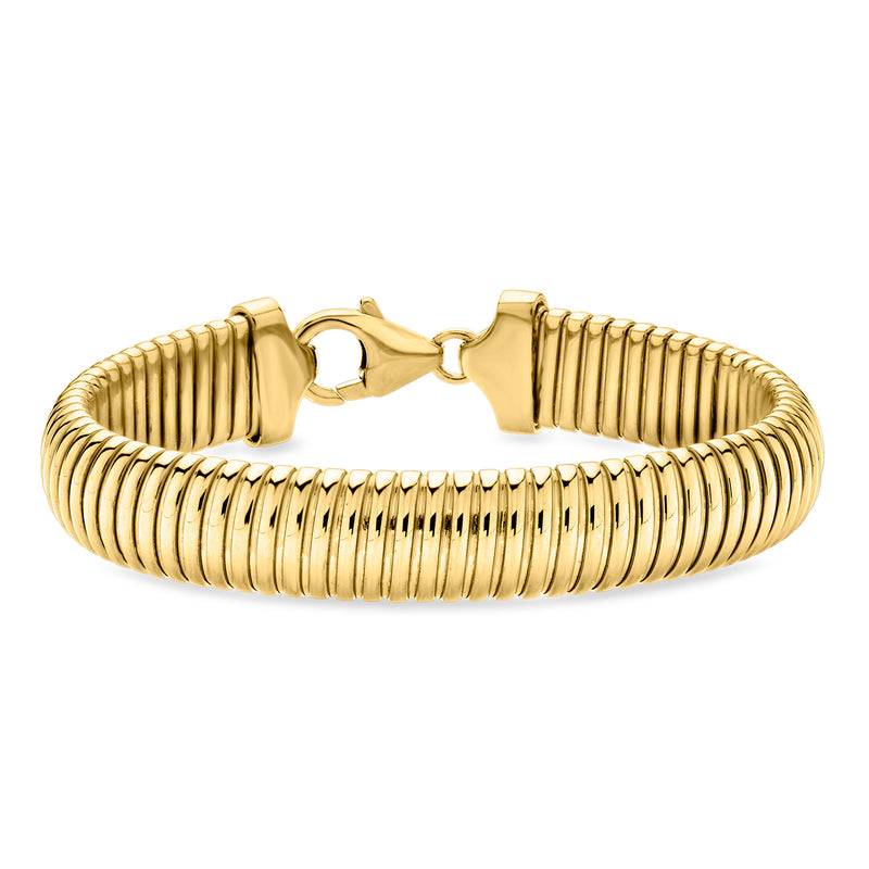 Gold-plated coil omega bracelet with ribbed links and hinged clasp