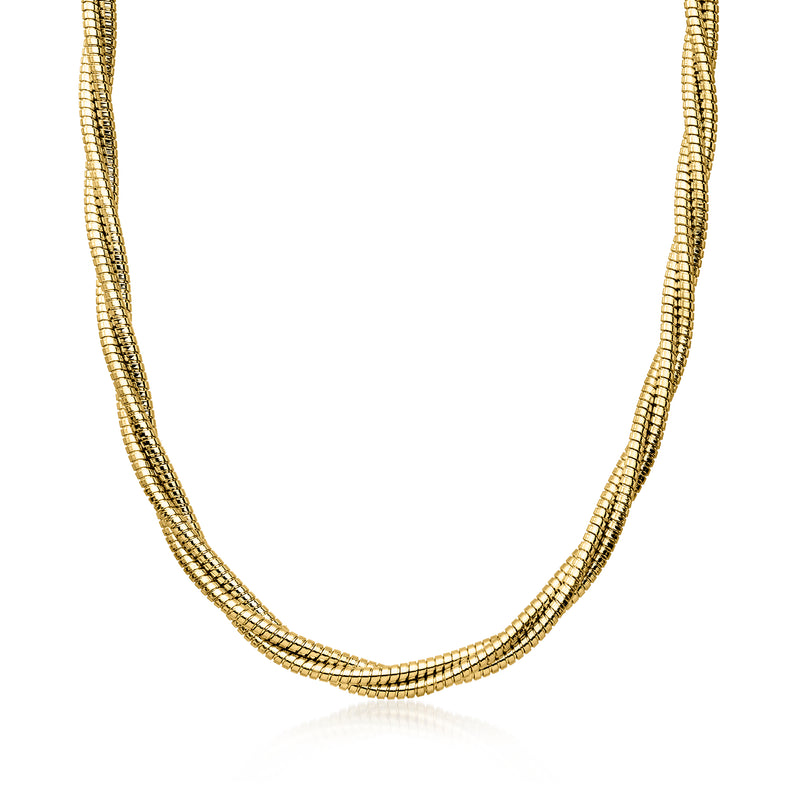 Three-strand twisted gold-plated necklace, slender chain collar.